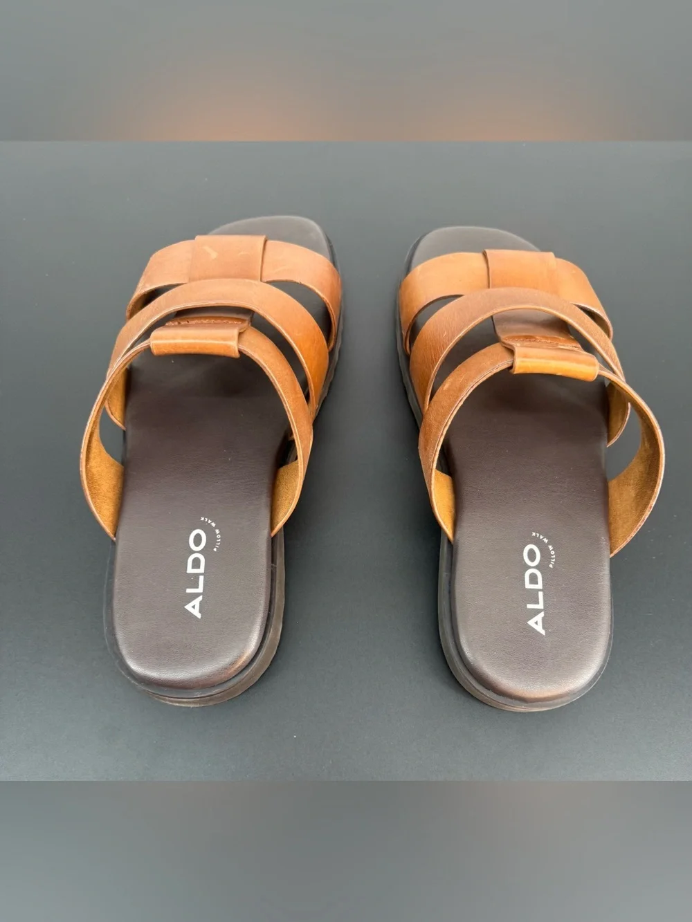 Aldo Men’s Tan Triple-Strap Leather Slide Sandals Size 10
